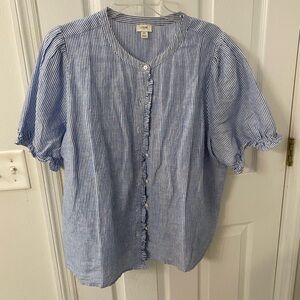 J. Crew 2x Blue and White Striped Ruffled Blouse Like New